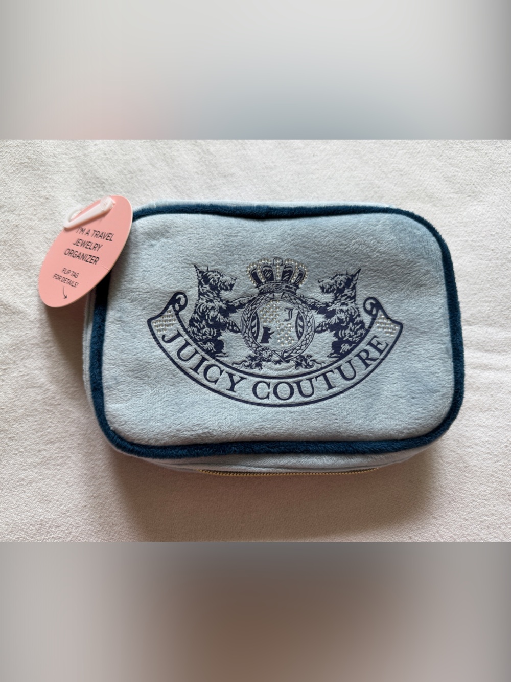 Juicy Couture Light Blue Velvet Cosmetic Pouch with Navy Trim